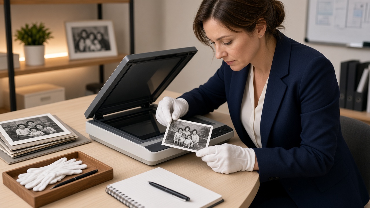 Professional carefully handling family photo prints at a scanner