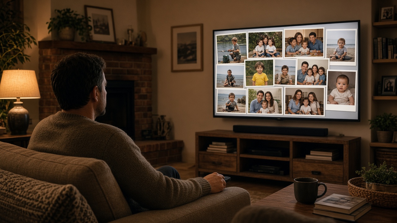 Person watching a TV slideshow of childhood family photos