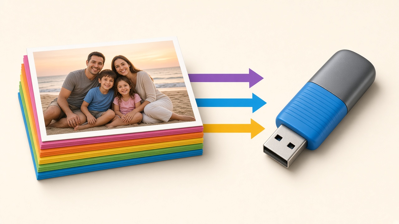 Family photos on a USB flash drive with online backup